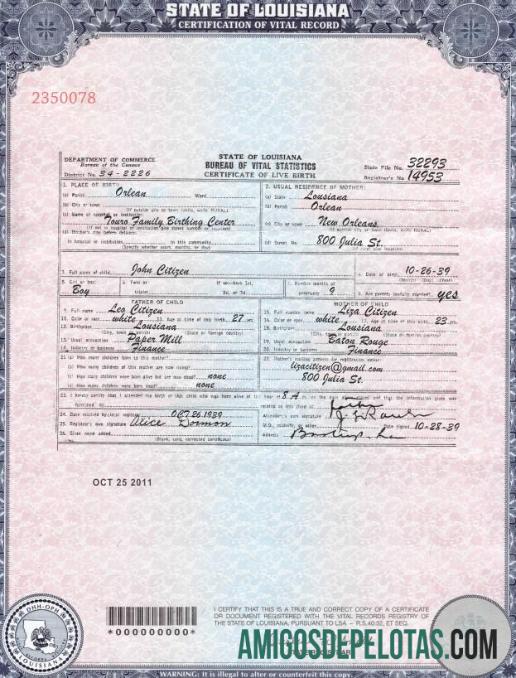 Certidão de nascimento nos EUA Louisiana modelo